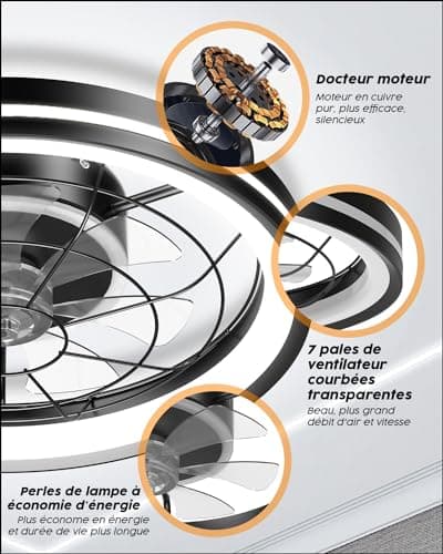 Airwit 48cm Ventilateur de Plafond Silencieux avec Lumiere et Telecommande, Moderne Rond Ventilateurs de Plafond avec Lampe Intégrée, Dimmable Ventilateur Plafond Chambre avec Reversible DC Moteur