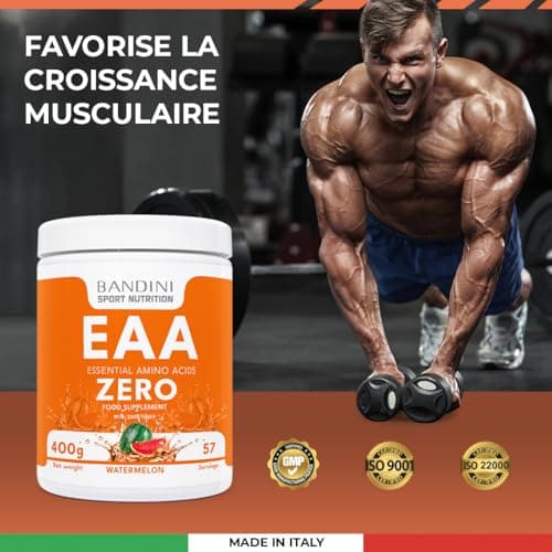 Bandini® EAA ZERO Poudre | Acides Aminés Essentiels 400g Powder | Supplément Végétalien Sans Sucre | Apport Optimal de 9 Acides Amines | Puissant Pre Workout | Boisson Vegan au Saveur de melon d'eau