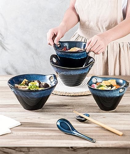 Henten Home Bols à Ramen, Bol Chinois pour Soupe Porcelaine, 8 Pièces pour Udon, Pâtes, Céréales et Mélange de Fruits, Bol Fait à la Main de Style Japonais - 600ml, Bleu