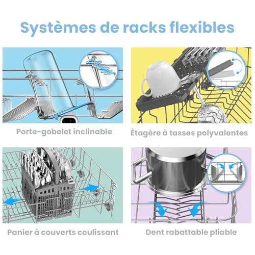 COMFEE' FD1435E-X Lave-vaisselle pose libre pour 14 couverts, grand format, 44 dB, grand écran LED, départ différé, fonctionnalité demi-charge, supports flexibles, acier inoxydable