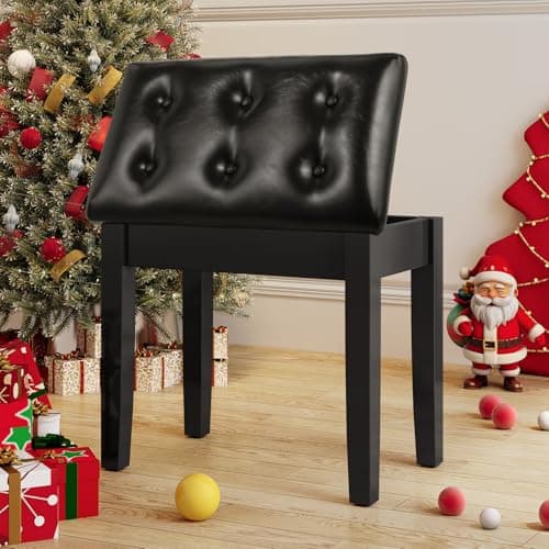 Tabouret de Piano, Siege Piano 55x35x49CM, Chaise Piano avec Espace de Rangement, Pieds en Bois Massif, Banc Piano avec Coussin en Cuir PU de 4CM d'épaisseur, Tabouret Piano Charge Maximale 150KG,Noir