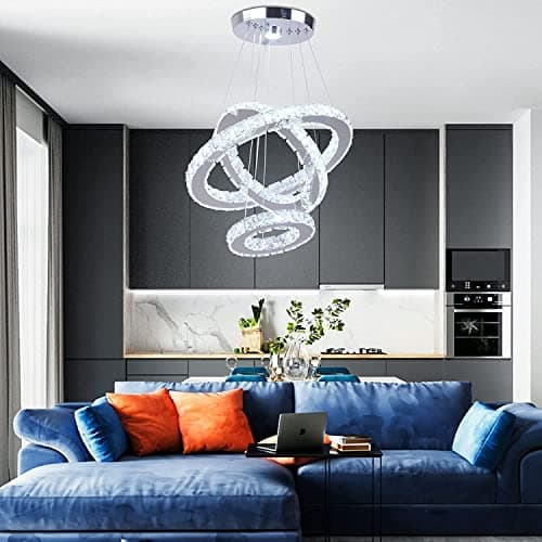 Cainjiazh Lustre moderne en cristal 3 anneaux LED ronds Lustre pendentif DIY en acier inoxydable ajustable Lustre plafonnier pour salle à manger chambre à coucher salon (Cool White)
