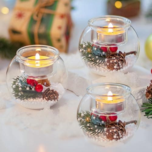 Glasseam Bougeoir De NoëL en Verre : Lot De 3 Photophores Bougeoirs De NoëL DéCoratifs avec des Baies Rouges Et des Pommes De Pin pour Les Centres De Table Cadeau