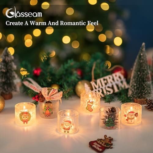 Glasseam Porte-Bougies De NoëL : Bougeoirs en Verre pour Bougies Chauffe-Plat Lot De 6 Bougeoirs DéCoratifs De NoëL Mignon Petit Bougeoir Votif pour Les Centres De Table FêTe DéCoration Maison Cadeau