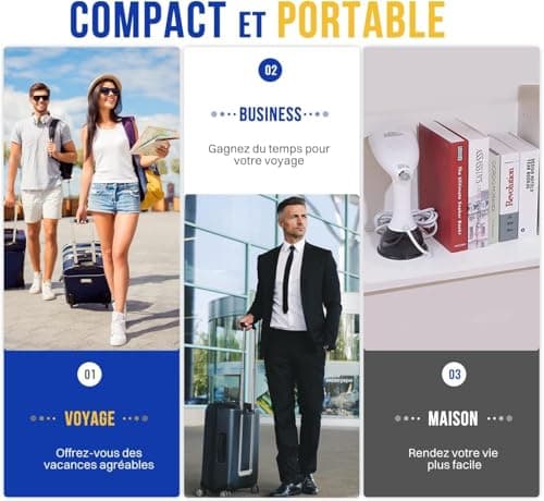 Rolipo Défroisseur Vapeur,1640W Fer à repasser portable haute puissance pour la maison, le bureau, le voyage, réservoir d'eau de grande capacité de 400ML, Voyage Vapeur Steamer,Blanc