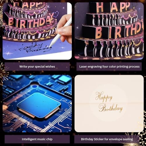 Carte d'anniversaire avec Musique et Lumière, Carte Anniversaire Fille 3D Pop Up Cadeaux Joyeux Anniversaire pour Femme, Homme, Enfant (multicolore)