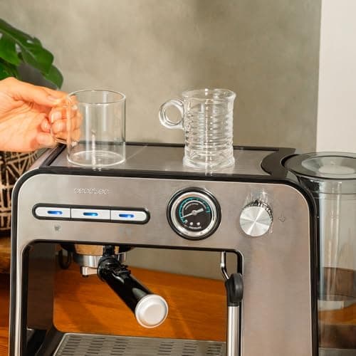 Cecotec Cafetière espresso Power Espresso 20 Square Pro, 1450 W, 20 bars, Thermoblock, Vaporisateur, 2 tasses de café, Réservoir d'eau amovible de 1 litre, Plaque chauffe-tasses.