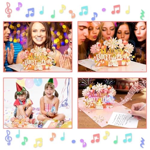 Cartes d'anniversaire avec Musique et Lumière, Carte Anniversaire Musicale-Pop-Up, Carte Vœux Pop Up 3D avec Enveloppe, Blowable LED Lumière Bougie Carte d'anniversaire, Cartes d’Anniversaire Femmes