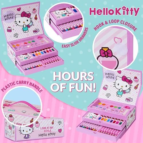 Hello Kitty Sanrio Coffret de Dessin Enfant, Kit Coloriage et Peinture, Crayons Feutres et Accessoires, Fournitures Kawaii en Mallette, Idée Cadeau Fille (Rose Hello Kitty à 3 Niveaux)