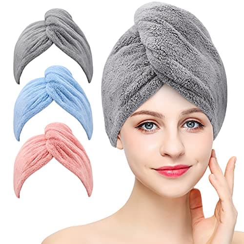 Laicky Lot de 3 serviettes de séchage en microfibre super absorbantes, turban torsadé, à séchage rapide avec boutons, boucle de bain, bonnet pour cheveux secs (gris, rose, bleu)