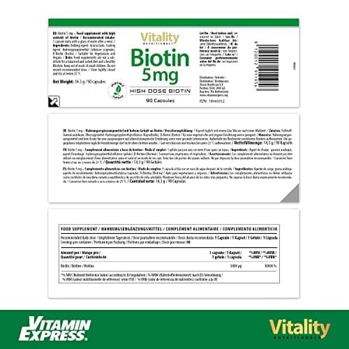 Biotine 5000 mcg, Accélère Pousse Cheveux, Ongles, Peau. Dbiotine, forme active naturelle de la biotin. 90 Gélules, 3 mois. Complément Alimentaire de Vitamine B. Sans Additifs, Vegan. VitaminExpress.