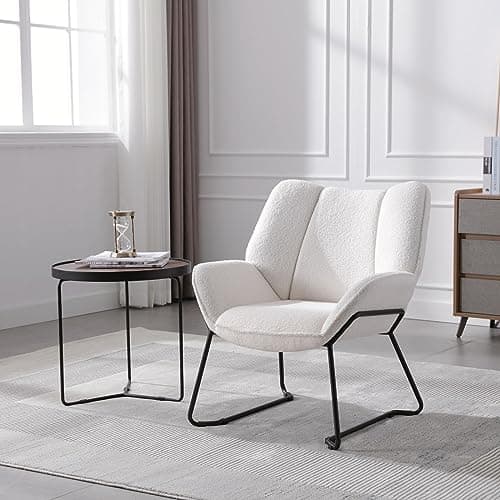 Wahson Fauteuils de Salon, Fauteuil Salon Confortable Assise Épais Fauteuil Chambre avec Pied Métal, Chaise Bouclette, Fauteuil Relax pour Salon/Chambre, Blanc