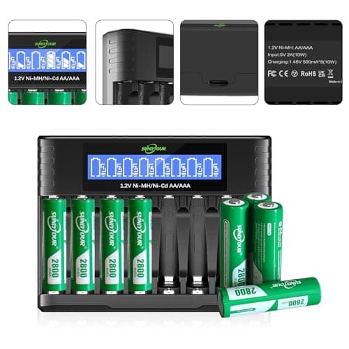2800mAh Ni-MH AA Batterie avec Chargeur, SUNLYTOUR 8 Piles 2800mAh AA Ni-MH Batterie avec 8 Slots AAA AA Chargeur de Batterie Jusqu'à 1200 Fois