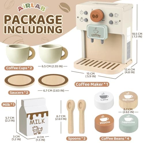 Airlab Cafetière en Bois Bébé, Jouet Jeux de Rôle Éducatif Éveil Montessori, Boulangerie Nourriture Accessoire Dinettes Cuisine, Cadeau Créatif Anniversaire Pâques Halloween Noël Garçon Fille 3+ Ans