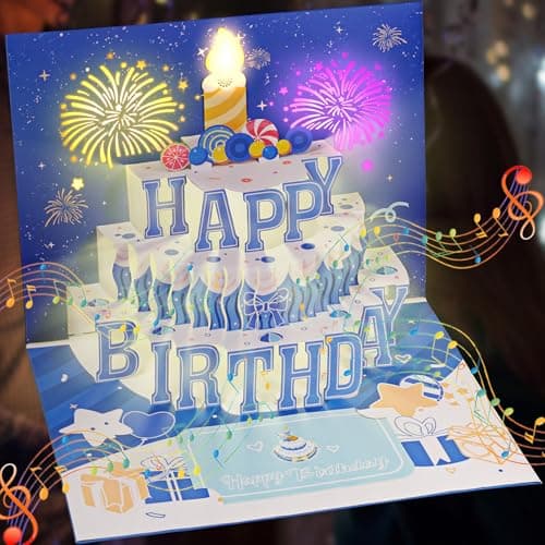 Carte Anniversaire 3D avec Musique et Lumière Woukksy Pop Up Carte d'anniversaire Amusante avec Bougie Anniversaire Soufflable, Kit Cadeau Anniversaire Pour Femme Homme Maman Papa Fille Garcon