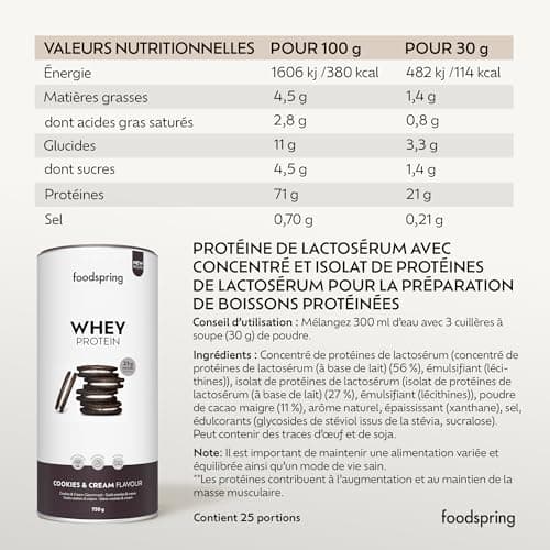 foodspring - Poudre de protéines whey Cookies&Cream - Avec 23 g de protéines de croissance musculaire, solubilité parfaite, ultra-filtrée et riche en BCAA et EAA - goût complet et délicieux (750 g)