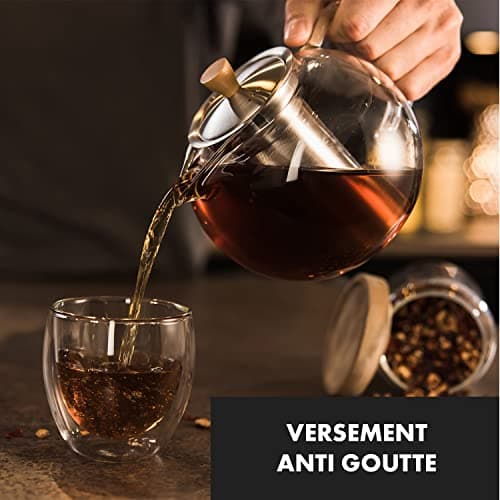 GLASWERK théière en verre avec chauffe-théière - (1,3L) Théière avec infuseur thé infuseur thé inox élégante poignée en bois, avec passoire en acier inoxydable, théière en verre avec infuseur