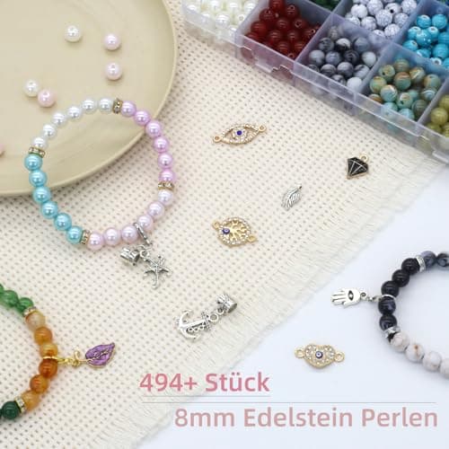 Liangding Perles pour Bracelet, 8MM Perle Pierre Artificielles, 1040 Perles pour Bijoux Adulte, Kit Bracelet avec Pendentif Accessoires, pour la Fabrication de Bijoux Bricolage Artisanat DIY