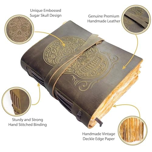 Journal en Cuir Vintage avec motif de Crâne Avec Papier À Bord Brûlé Cahier des Notes Antique Rustique, Parfait pour L'Écriture, Le Livre Des Ombres, Un Grimoire, Des Croquis, Des Dessins