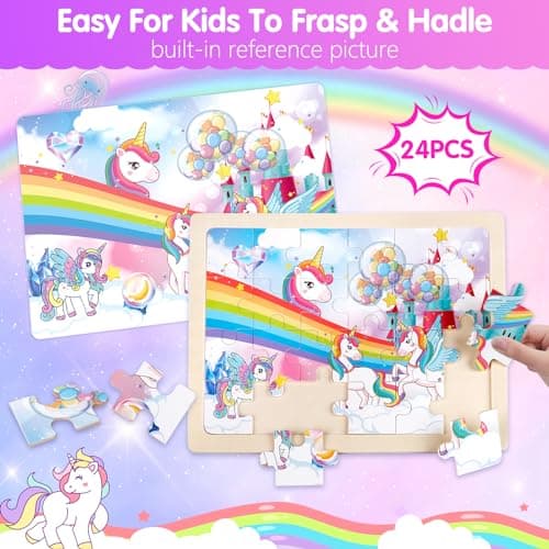 Puzzle en Bois La Licorne Sirène Princesse Fée pour 3 4 5 6 Ans, Puzzle Enfant 4×24 Pièces, Jouet Educatif Préscolaire, Montessori Cadeaux Enfant de 3 à 8 Ans Garçons Filles