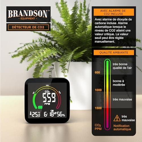 Brandson - Moniteur de qualité de l'Air 5 en 1, Détecteur de CO2, Moniteur de Dioxyde de Carbone, Température, Humidité - USB - pour Maison, Bureau, Salle de Sport, Voiture