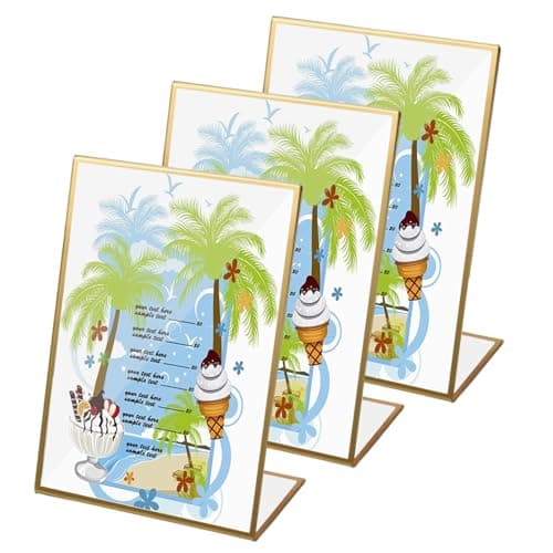 3 Pièces Incliné Présentoir de Table en Acrylique avec Bordure Dorée, Porte Affiche Menu en L, Transparent Présentoir Publicitaire de Table, 5x7 Pouces Supports de Panneau pour Cadres Photo Menus