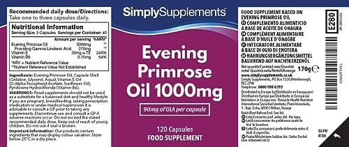Huile d'Onagre Super Forte 1000mg | 120 gélules à libération rapide | Soutien à l'équilibre hormonal, Formule pour une peau saine avec Vitamine B6 | Approuvé par les BPF | Fabriqué au Royaume-Uni