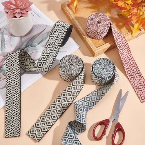 BENECREAT 8 Yards/7.3m Rubans Jacquard Losange 4 Couleurs, Sangle Jacquard Plate de 38mm de Large, Ruban Tissé en Polycoton pour Couture Artisanale et Vêtements, Poignées de Sac