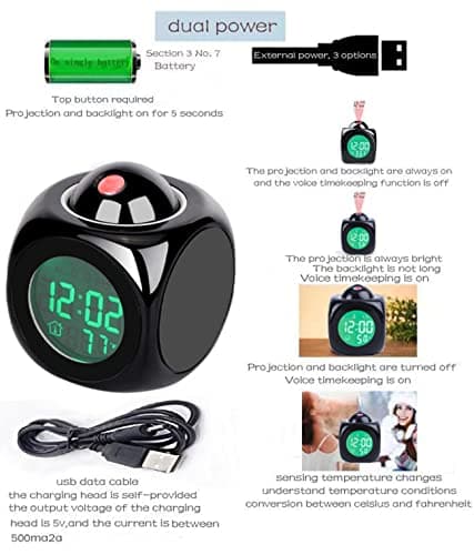 Kaishuai Reveil Réveil numérique Reveil projecteur,Fonction Snooze,Port de Charge USB,Noir Réveil à Projection Numérique