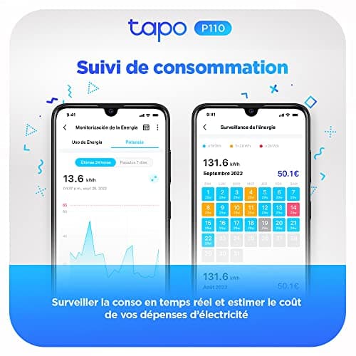Tapo Prise Connectée WiFi, Suivi de consommation, 16A Type E, compatible avec Alexa et Google Home, Contrôler le radiateur, le chauffage, Économie d'énergie, Commande vocale, Tapo P110(FR)