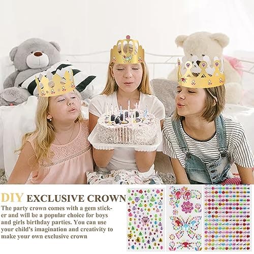 Fyihoxi Lot de 20 couronnes en papier dorées - Pour enfants et adultes - Pour bricolage - Avec pierres précieuses autocollantes et autocollants - Pour enfants et adultes