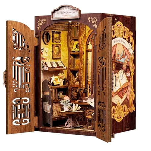 CUTEBEE Kit Book Nook - Maison Miniature à Monter soi-même - Maison de poupée - avec Housse de Protection Contre la poussière et lumière LED - Kit de modélisation pour Adultes(Bookshop Memories)