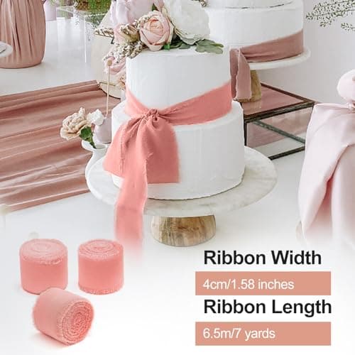 Lot de 3 Rouleaux de Ruban Rose, Ruban Mousseline 4cm*6.5m, Ruban Rose Sauge, Ruban Tissu, Rubans pour Artisanat Cadeaux de Mariage, Baptême et Anniversaire