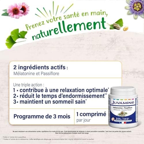 JUVAMINE - Mélatonine Passiflore - Sommeil 3 Actions : Détente, Endormissement Facilité et Sommeil Réparateur - 90 Comprimés - Format 3 Mois - Fabriqué en France