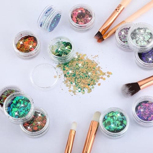 Giantree Festival Paillettes Visage avec 2 Pinceaux à Double Tête en Coton 12 Couleurs Paillettes Déguisement Festif Paillettes Ongles Cheveux Lèvres Corps Christmas Maquillage Glitter (Couleur 1)