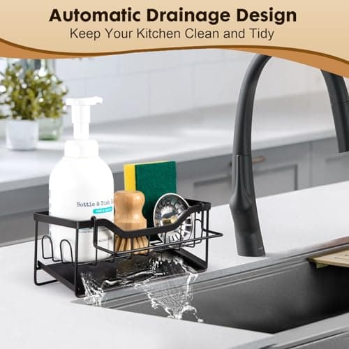 Sinnsally Organisateur Evier Cuisine,Porte Eponge Evier Cuisine avec Vidange Automatique,Rangement Eponge Evier Cuisine,Organisateur d'évier,Repose Eponge,Support Eponge évier en Acier Inoxydable,Noir