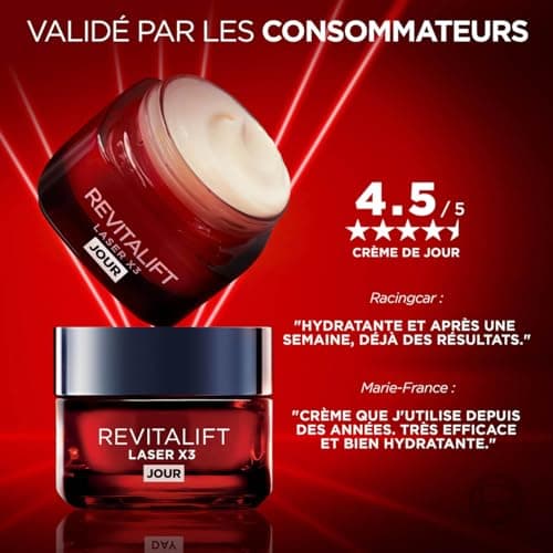 L'Oréal Paris - Soin Profond Visage Anti-Âge - Crème de Jour Triple Action - À l'Acide Hyaluronique, Pro-Rétinol & Vitamine C - Tous Types de Peau - Revitalift Laser X3 - 50 ml