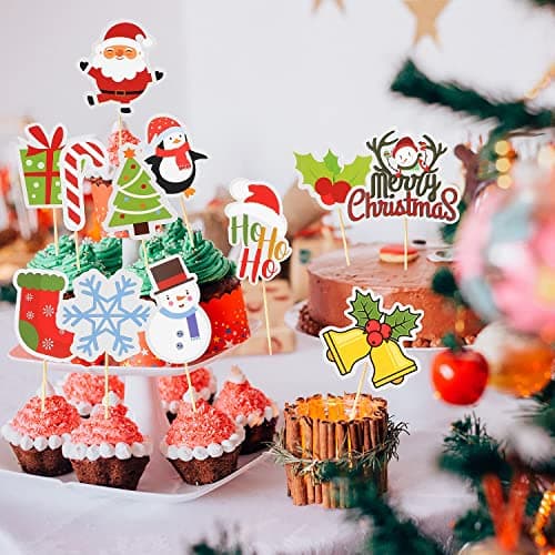 KEELYY Noël Cupcake Topper 30 Pcs Decoration Gateau Noel Santa Deer Tree Cloches Joyeux Noël Drap Cure-Dents, pour Décorer Dessert Gâteau De Noël Fête