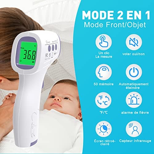 Thermomètre Frontal Adulte, Thermometre Infrarouge pour Enfant, Thermometre Numérique sans contact, Écran LCD, Fonction Mémoire, Mode Objet et Corps, Alerte Fièvre, Mesures Rapides et Précises