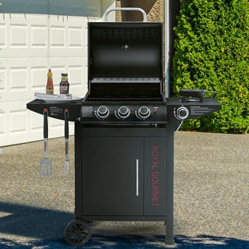 Royal Gourmet Barbecue Gaz à 3+1 Brûleurs en Acier Inoxydable, Gril à Gaz sur Chariot de Puissance 11,5 KW avec Tablette et Thermomètre, 2 Roues et 1 Porte, Adapté pour Jardin et Extérieure, Noir