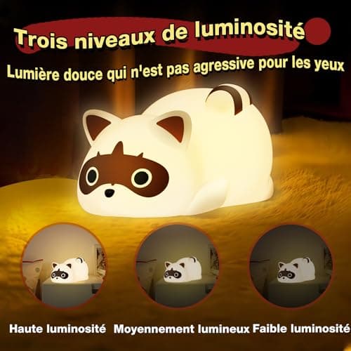 QUIGO Veilleuse Enfant Veilleuse Bébé Rechargeable Lampe de Chevet avec USB Raton Laveur Silicone Tactile Veilleuse LED,Enfant Cadeau D'enfant Cadeau Jouet Garçons et filles