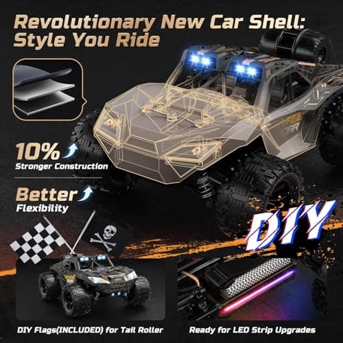 DEERC 1:14 Voiture RC Rapide Tout Terrain, Camion RC Haute Vitesse 40 km/h avec Phare LED pour garçons, Voiture télécommandée Tout-Terrain 2,4 GHz 4x4, Jouet Monster Truck, 2 Batteries
