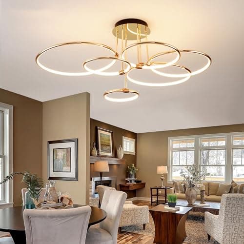 YYUTLUO Plafonnier LED, Ø105cm lustre Cercle En Métal Doré, 145W Dimmable En Continu 3000-6000K, Pendentif Galvanoplastie Rond Moderne, Chambre Salon Enfants Bureau Étude Cuisine Couloir (6 Anneaux)