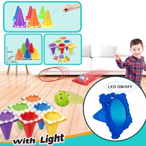 Jeux Extérieur pour Enfants 5 6 7 8 9 10 11 12 Ans Set de Cônes avec LED Intégrés& Anneaux&Sacs de Haricots Jeu Lancer d’Anneaux Parcours d'Obstacles Jeux de Relais Haies Cadeaux Fête Journée Sportive