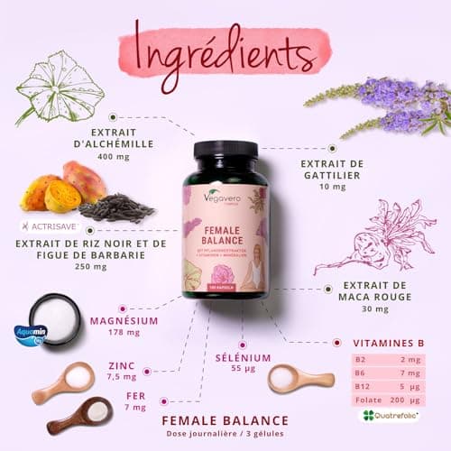 Reequilibrage Hormonal Femme | Avec Gattilier, Maca, Acide Folique | SPM + Dérèglement Hormone œstrogène | 180 Gélules | Vegan & Sans Additifs | Vegavero®