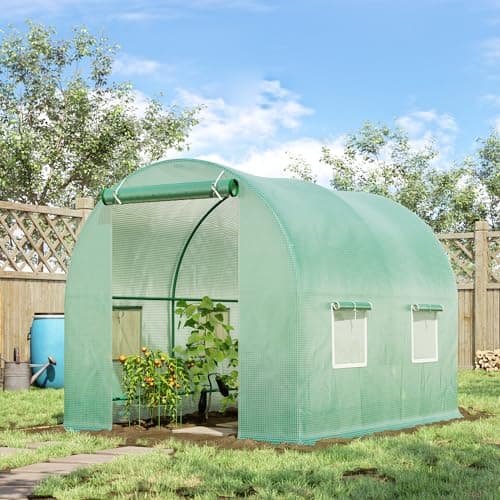 Outsunny Serre de Jardin Tunnel 5 m2 2,5L x 2l x 2H m Acier renforcé Ø 1,8 cm + PE Haute densité 140 g/m2 fenêtres Porte déroulante Vert