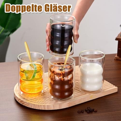 4 PCS Verres à Latte Macchiato, 350ml Tasse en Verre à Double Paroi of Avec 4 Cuillères, Verres à Double Paroi Borosilicaté, Tasse Double Paroi Couche Convient Pour Café,Boisson,Bière