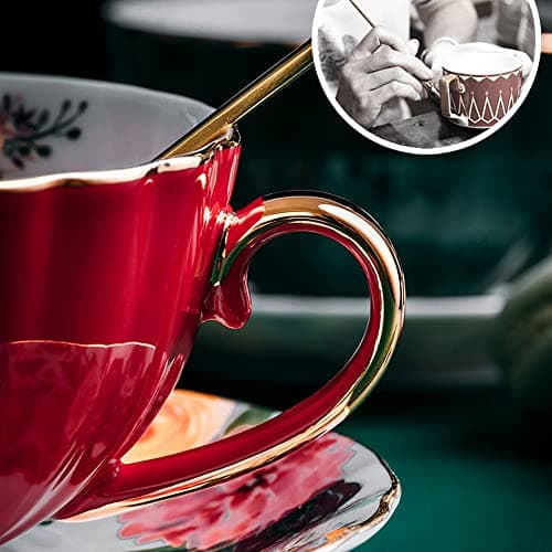 HUAMu Ensemble de tasses avec cuillère, tasse à thé et soucoupe vintage en céramique - Tasse à thé élégante avec cuillère et soucoupe - Tasses à thé royales en porcelaine,Rouge (235 ml)