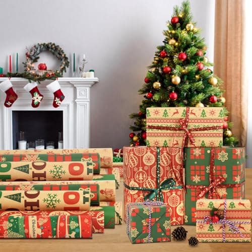 AhfuLife Papier Cadeau Noël Gros Rouleau 60CM×6.5M, 3 Rouleau Grande Longueur Papier Kraft Noël avec Jolis Motifs de Flocon de Neige - Arbre de Noël - Cloches Rounge Pour Emballage Géant Cadeau Noël