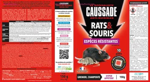Caussade Anti Rats & Souris 150 g - Efficacité Radicale - Spécial Rats et Souris Résistants - 10 Pâtes Fluorescentes - Prêt à l'emploi - Hyper Appétent - Lieux secs et humides - Habitation, cuisine